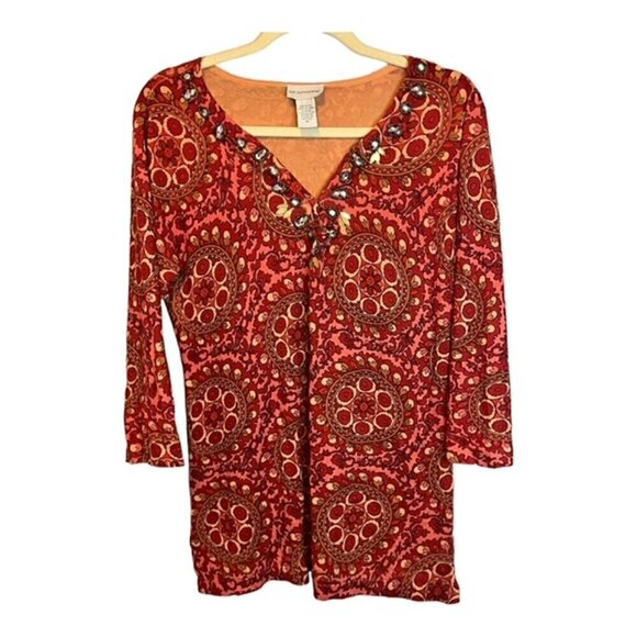 Soft‎ Surroundings Blouse Women's Size Medium Floral Beaded Red Pink - Picture 1 of 3